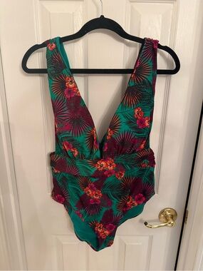 Deep V One-Piece Swimsuit in Teal with Pink Floral Print
